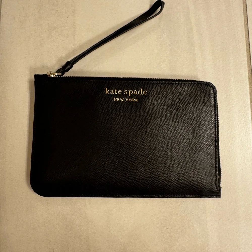 Kate Spade Cameron Wristlet Wallet Black Clutch with Gold Accents